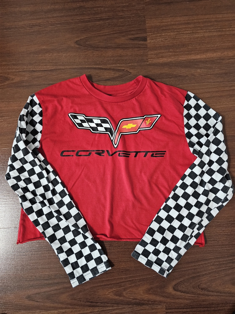 Chemistry Red Long-Sleeve Corvette Racing Tee with Checkered Sleeves